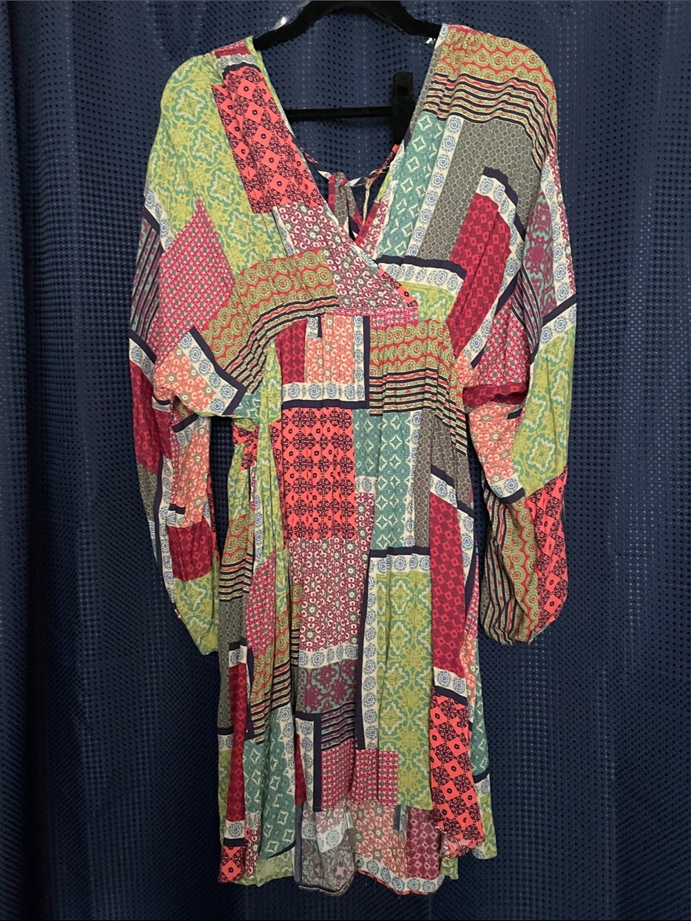 Patterned Patchwork Long Sleeve Dress - Multicolor